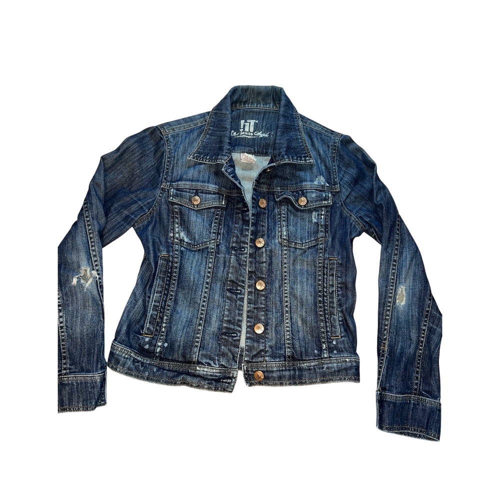 !iT Jeans Distressed Dark Denim Jacket Women's Large Western Casual Cottagecore